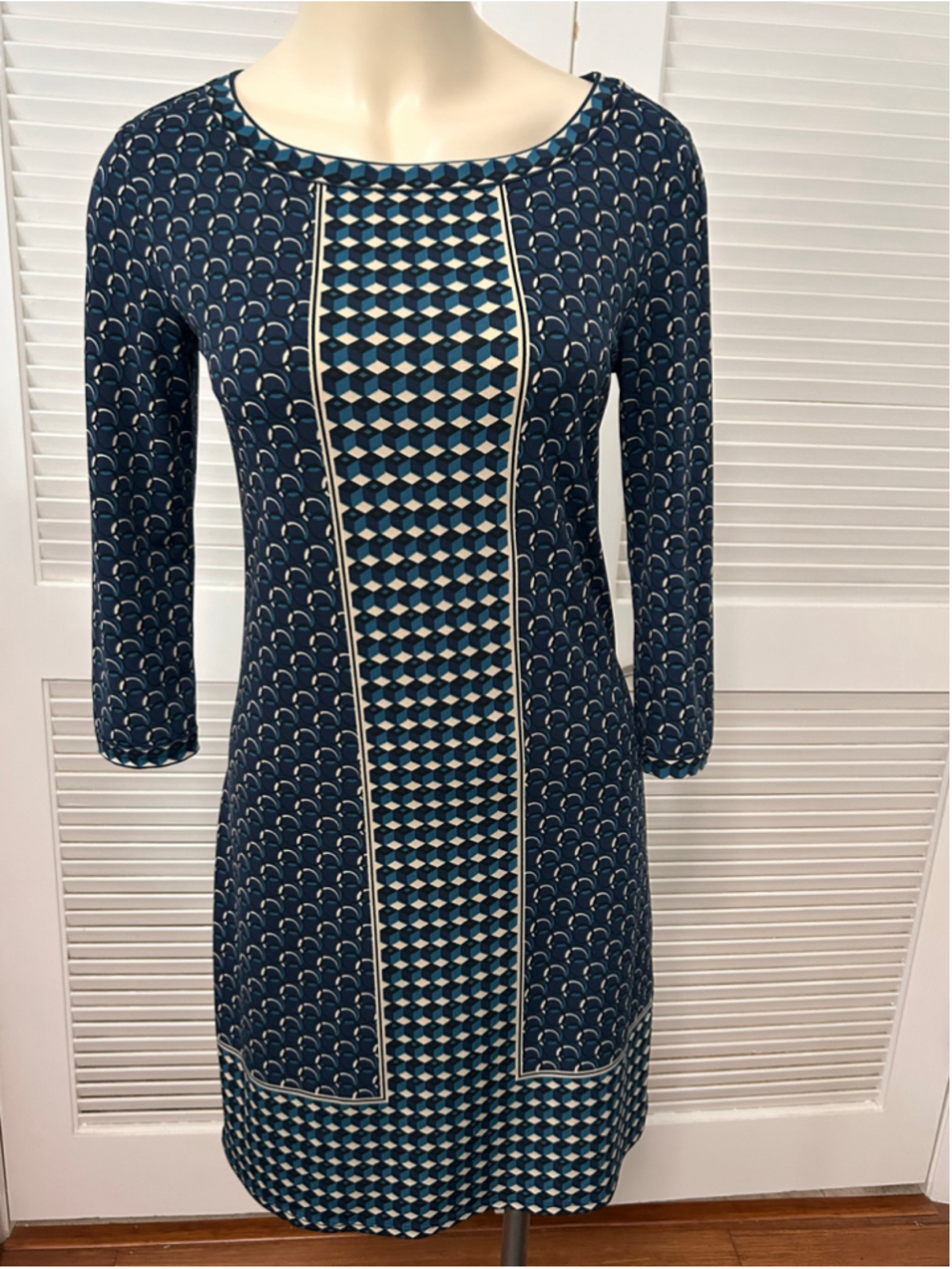 Max Studio Blue White Geometric 3D Cube Print Shift Dress XS